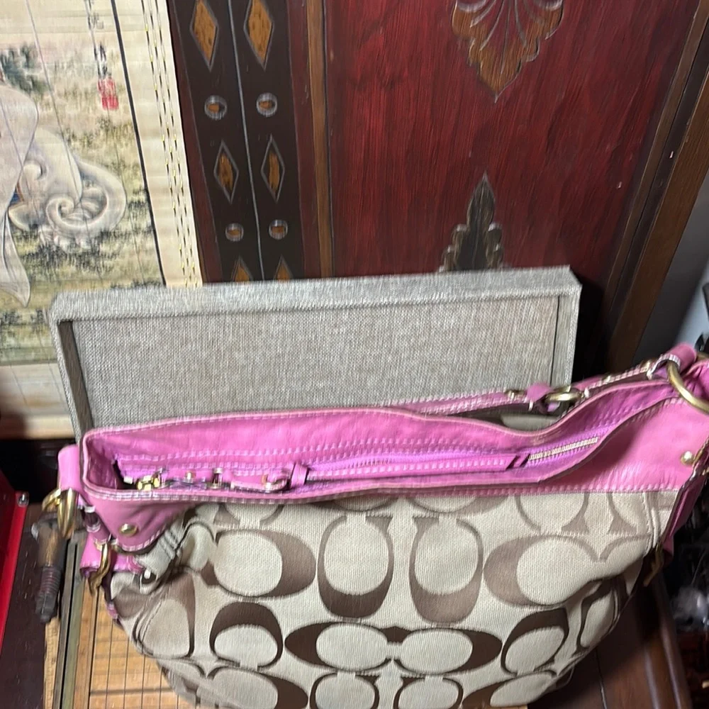 Coach Hobo Shoulder Bag Pink Leather Brown Monogram 12”Wx12”Hx5”W VGUC - Picture 12 of 17